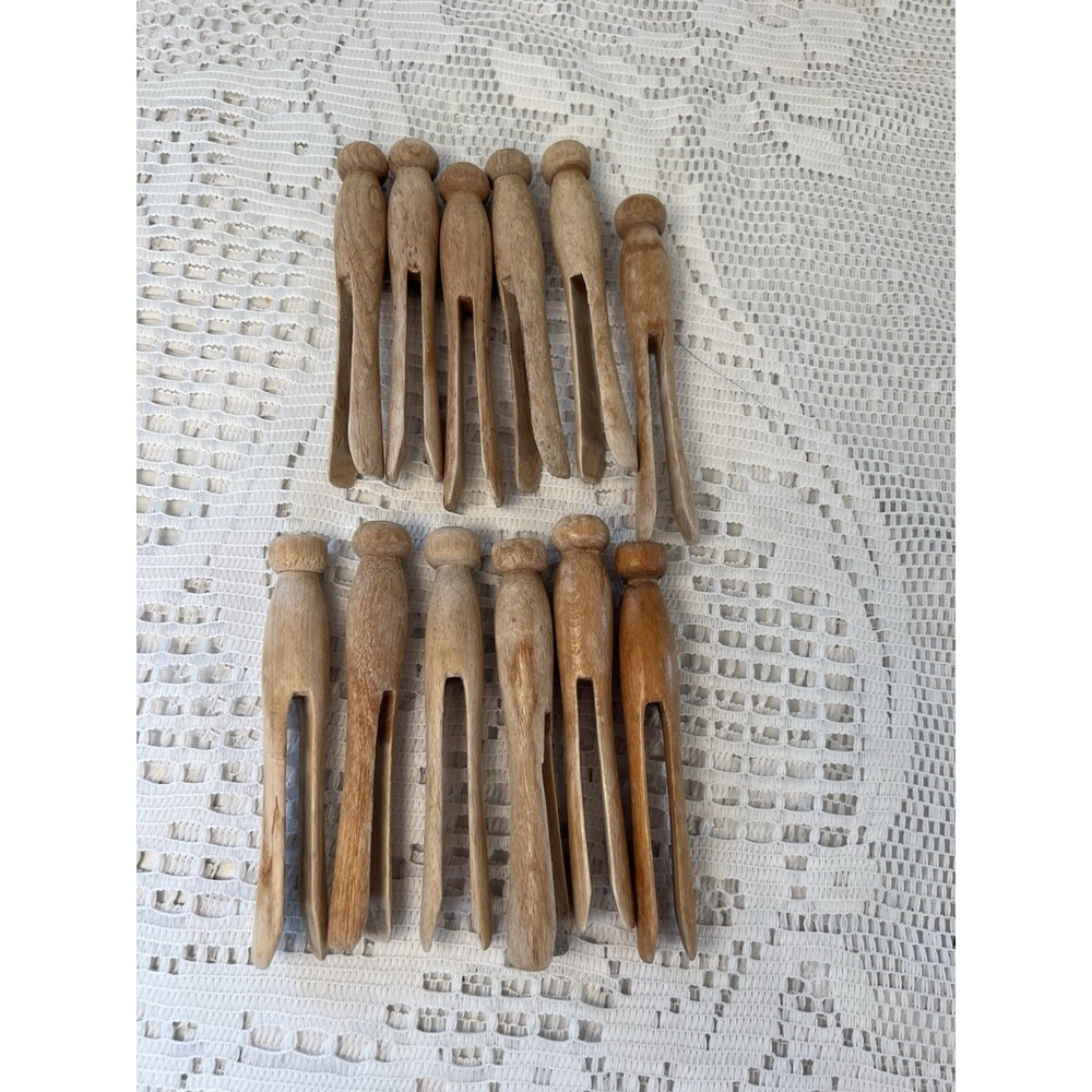 12 Antique Vintage Solid Wood Clothes Pins Round Head Primitive Wooden